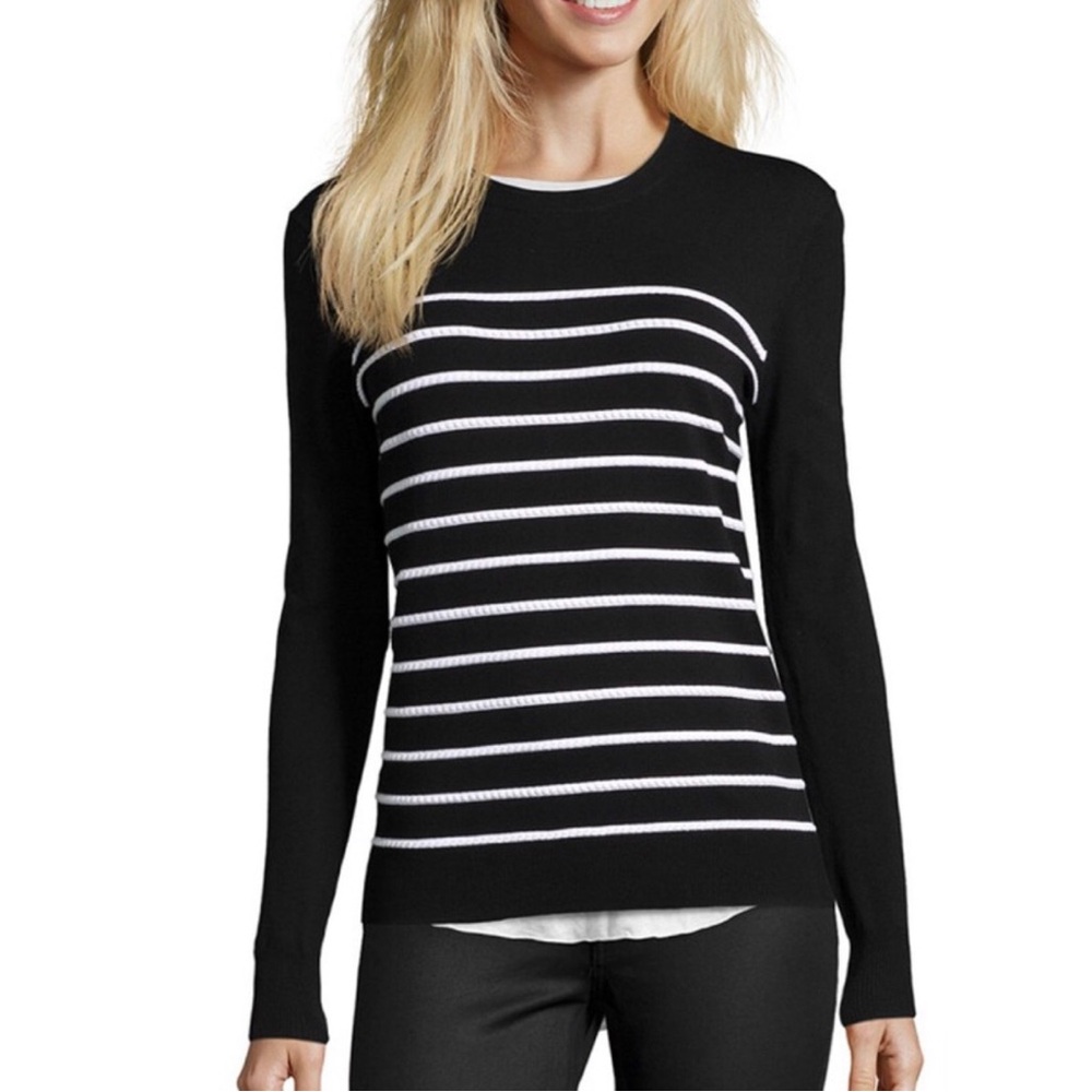 Theory Wesson Prosecco Black White Striped  Long Sleeve Sweater